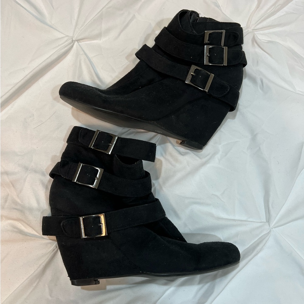 Black Suede Wedge Heeled Silver Buckle Booties